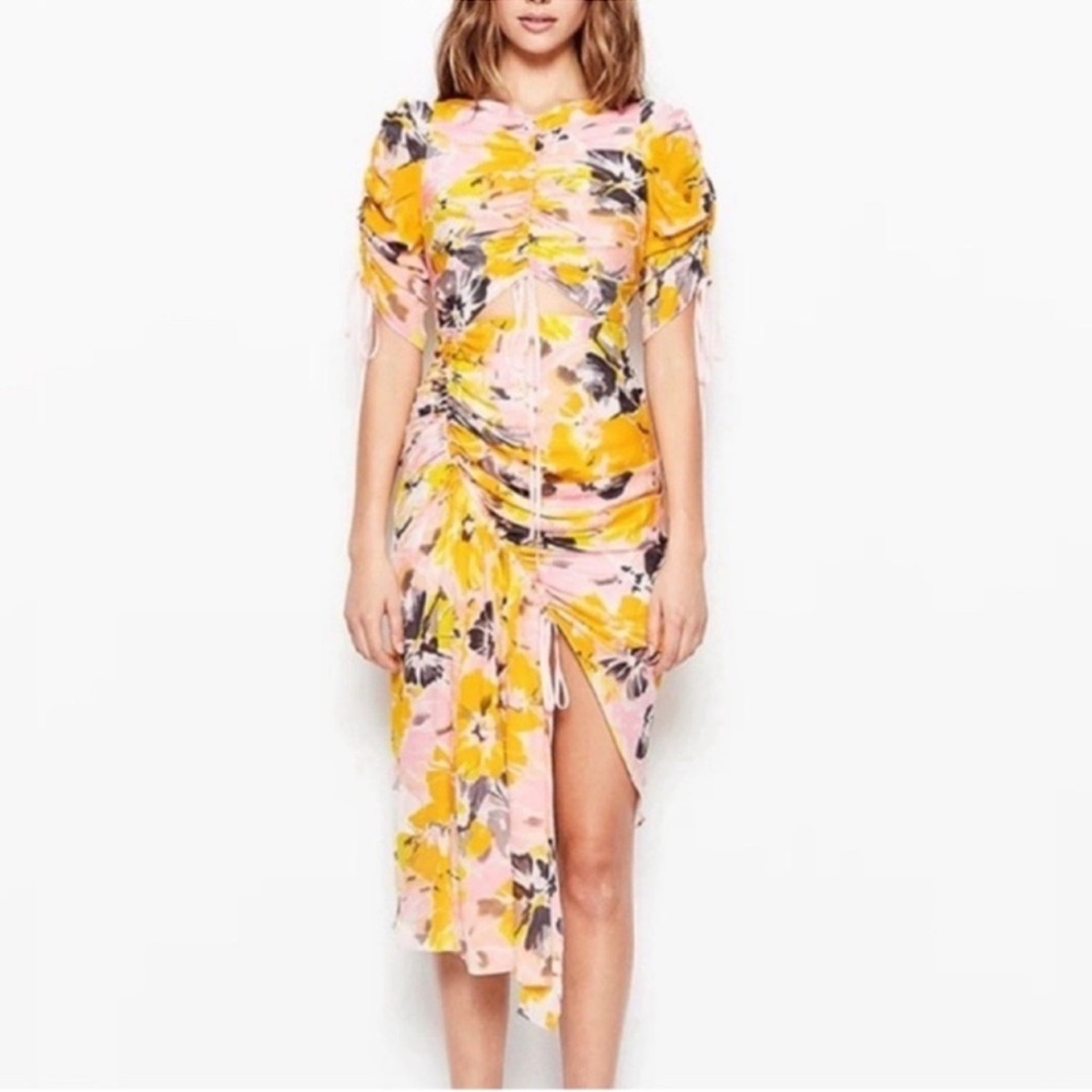 Alice McCall Silk Pink Floral Ruched Midi with Yellow Bloom